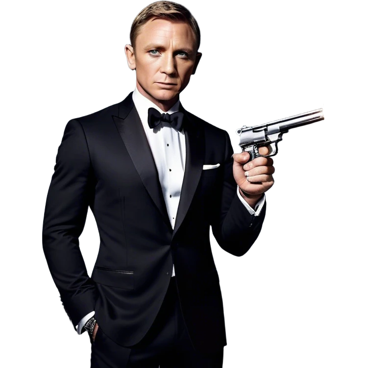 Cinematic Realistic James Bond Daniel Craig Portrait Emoji, depicted as the ultimate suave and enigmatic secret agent, donning a sharply tailored tuxedo, gripping a sleek handgun, with a piercing gaze that exudes confidence and danger. The scene is infused with moody, high-contrast cinematic lighting, evoking the thrilling world of espionage and intrigue. emoji