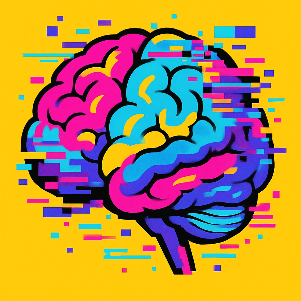 brain with digital glitches and pixelated errors, vibrant colors, representing brainrot emoji