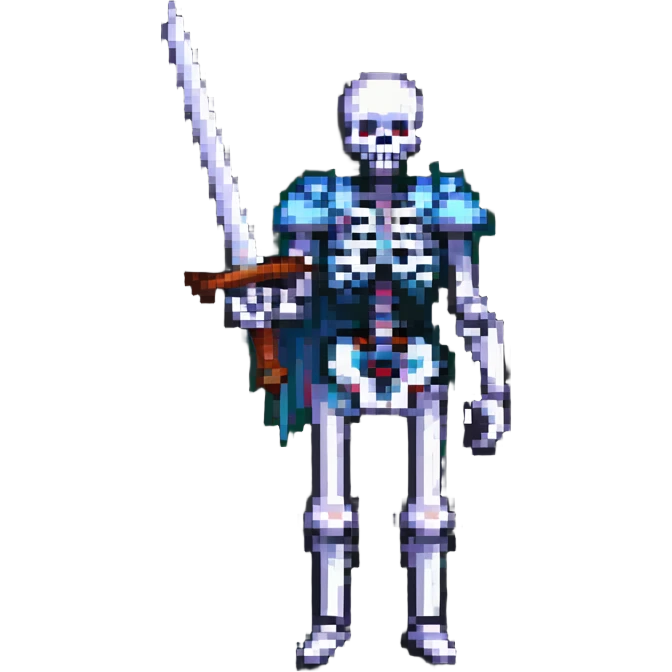 pixel art skeleton with a large sword, retro game style emoji