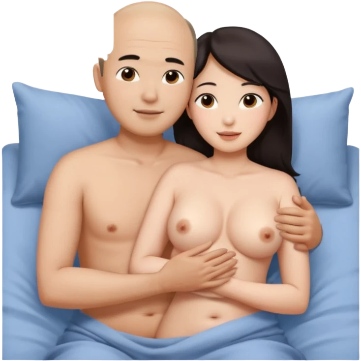 busty asian woman and slightly balding asian man naked in bed hugging and man’s hand on her breast emoji