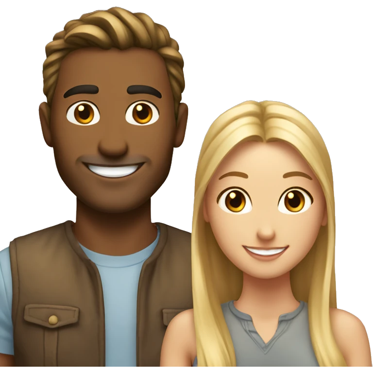 Woman and man smiling, woman has straight Brown hair in a ponytail, slightly sunkissed skin, man has blonde long hair which are in a ponytail, slightly sunkissed skin emoji