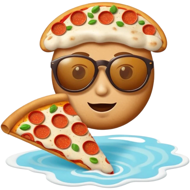 whimsical cappuccino cup emoji with pizza slice floating in foam, wearing sunglasses, looking confused, for Italian brainrot cappuccino emoji