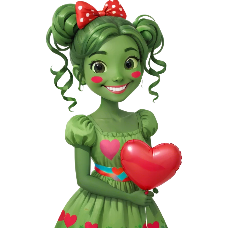 girl smiling holding a heart baloon emoji