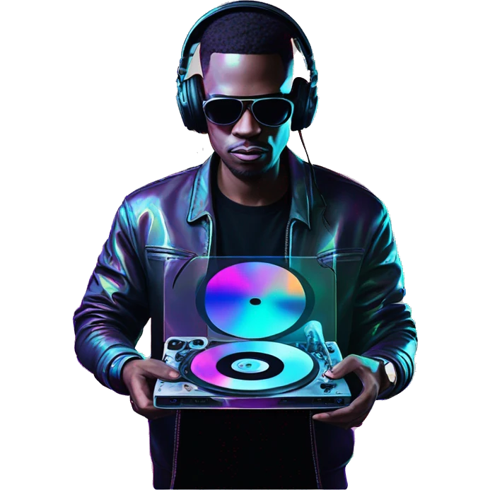 A dj wearing sunglasses playing music holding a cd record record, vinyl, oilslick holographic blacklight inverted graffiti dark dull emoji