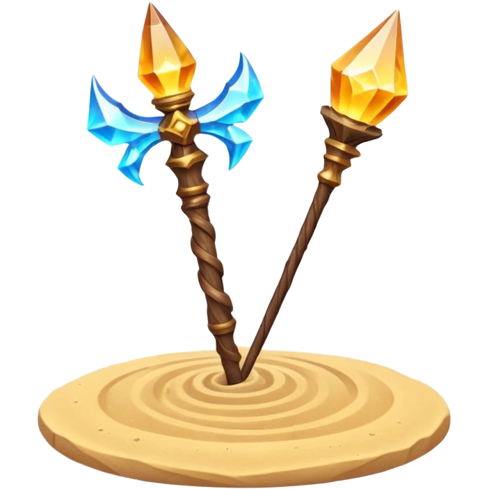 desert sand mage staff object icon, ancient wooden staff, swirling sand crystal on top, glowing golden aura, small floating sand particles, fantasy desert style, 3D cartoon, mobile game icon style, centered, clean background, soft shadow, no text, no watermark
 emoji