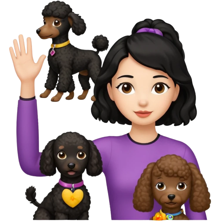 Ponytail black hair girl with brown Poodle say goodbye  emoji