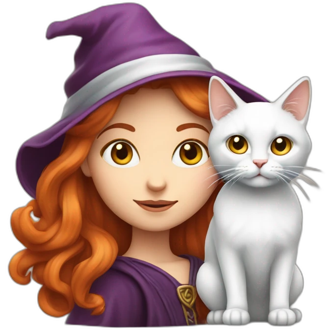 Sorcière rousse avec chat blanc qui a des yeux de couleur différente emoji