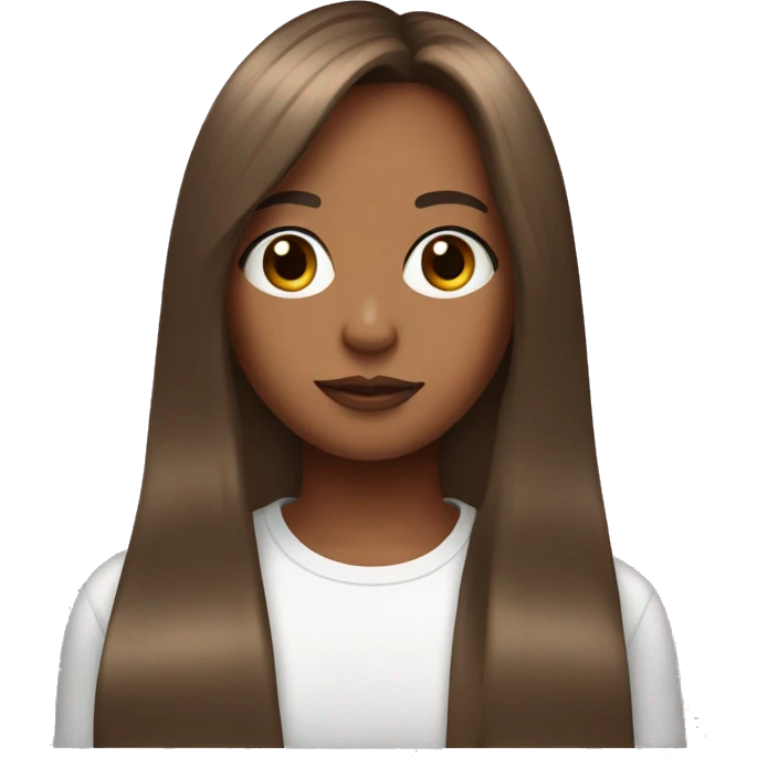 Girl with long brown hair and curtain bangs, clear skin, pink t-shrt emoji