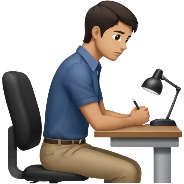  iOS emoji style - Side profile full body of a man sitting at a desk with very poor posture. He has dark hair and wearing a collared-shirt.   emoji