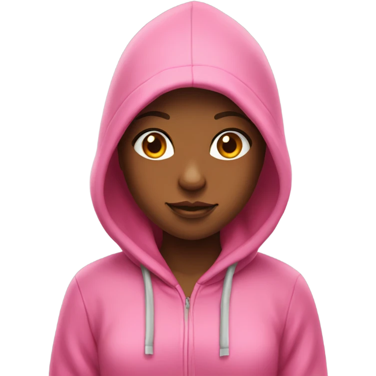 A girl with a pink hoodie that says juicy emoji