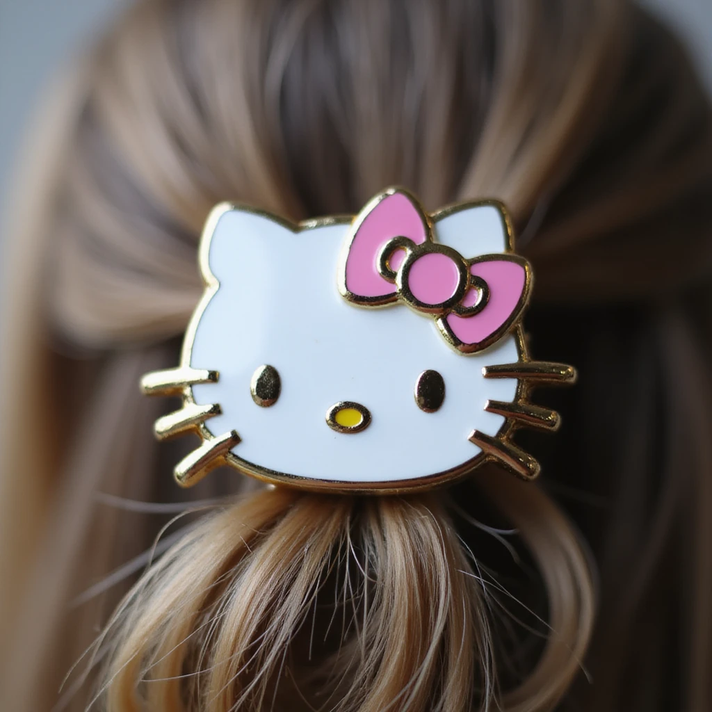 realistic Hello Kitty hair pin metallic with enamel paint, Hello Kitty's face and pink bow, macro shot, white background emoji