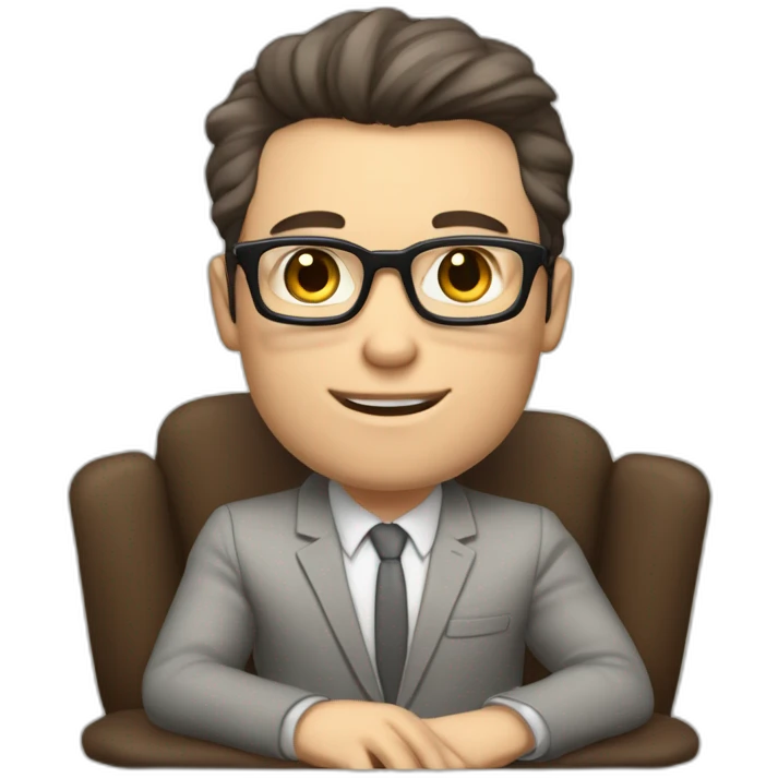 Pale skinned Fit Man With dark brown hair in gray jacket, beige office shirt and vintage glasses sitting In a soft chair with a notebook with emblem Ψ and a pen in his hands emoji