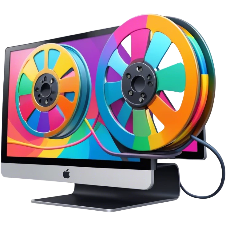 Create a vibrant and modern icon representing Animation and Motion Design, featuring elements like a film reel, a computer screen, and dynamic motion lines. Rolling colorful film. The design should be visually engaging, colorful, and dynamic, without any emojis. The background is transparent. emoji