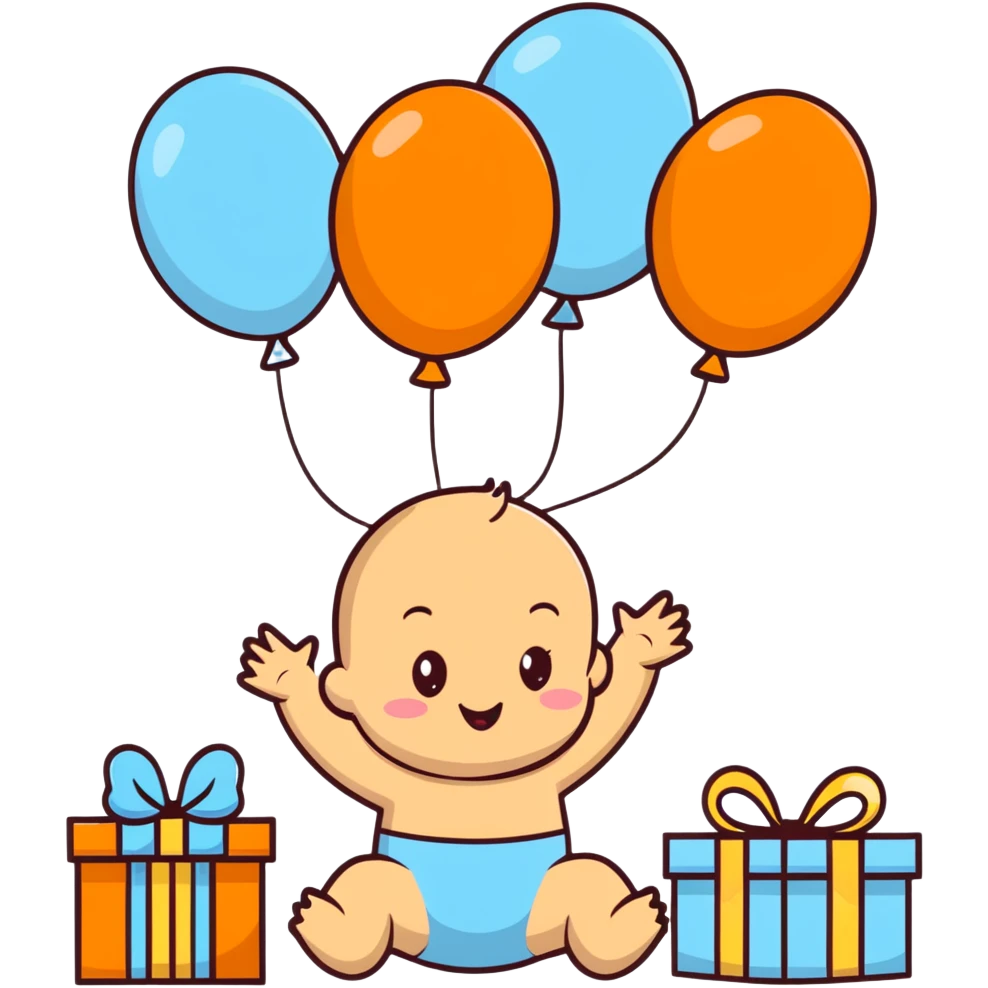 happy baby surrounded by pastel blue balloons and presents at birthday party emoji