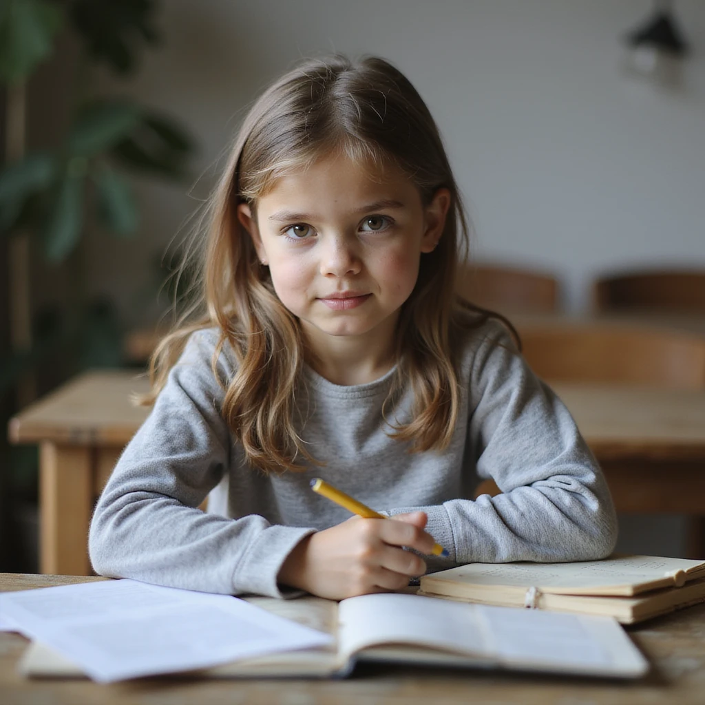 A girl preparing for exams, sitting at a desk with books and notes, looking focused and determined, in a detailed and realistic style. emoji