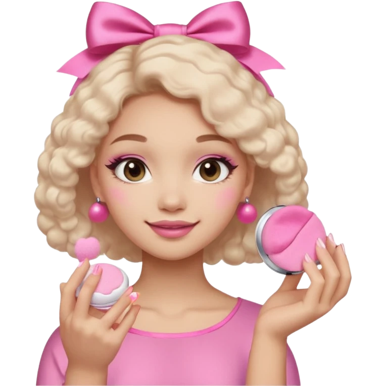 female face, light skin tone, small simple closed smile. One hand visible holding a round fluffy pink makeup powder puff pressed to the cheek; the puff has a small satin bow. emoji