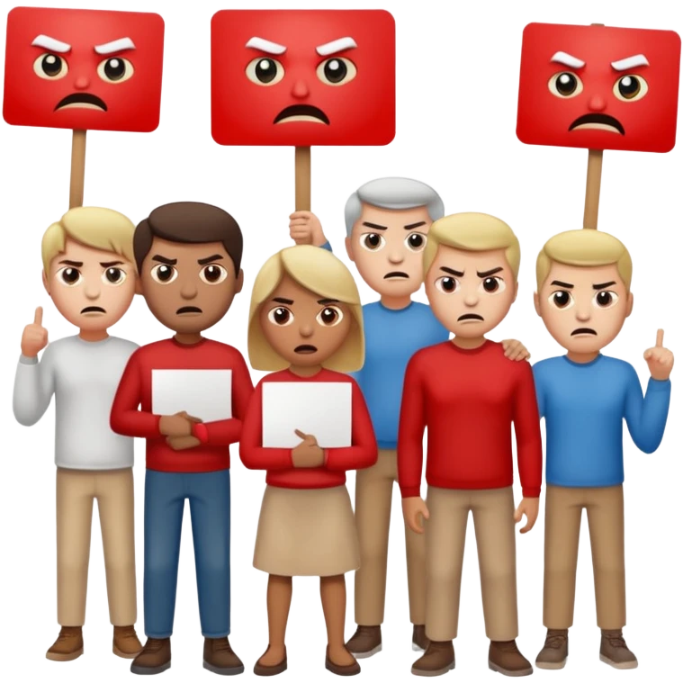 a crowd of people with angry faces and holding placards that read: we disagree emoji