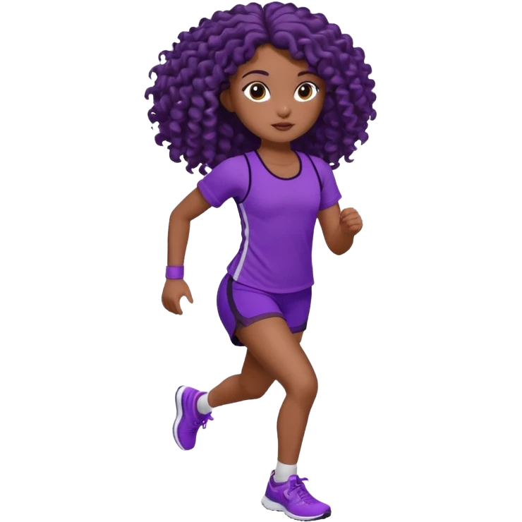 Uma boneca morena escura com olhos castanhos e cabelo cacheado longo até o peito, treinando correndo a roupa top roxo com detalhes preto e short roxo com detalhes preto emoji