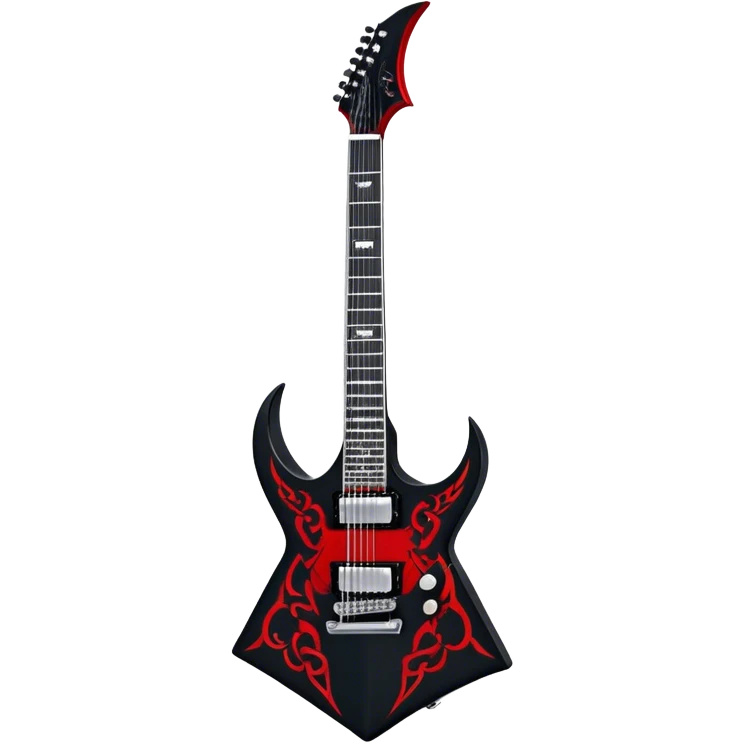  Create a bold and fierce emoji representing the Dean V Dave Mustaine ‘Angel of Death’ (VMNT AOD) electric guitar. The design should feature the sharp, V-shaped body of the guitar with an intricate, dark angel graphic on the body. The guitar should have a sleek black finish with contrasting elements like red and silver details. Include chrome tuning pegs and pickups to reflect its high-end craftsmanship. Subtle details like skulls, flames, or other gothic elements will emphasize its ‘Angel of Death’ theme. Use dark, metallic colors like black, silver, and red to evoke the heavy metal energy. The background should be transparent. emoji