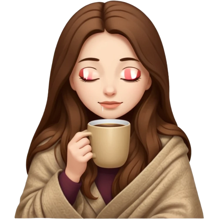 long brown hair woman closed eyes hiding under a cozy wool beige blanket, holding cup of coffee, autumn mood emoji