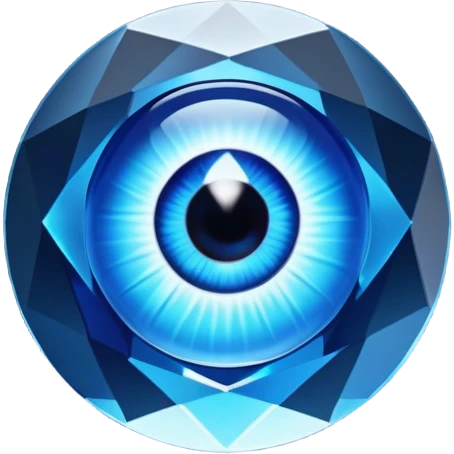 Cinematic Realistic image of a glass Evil Eye blue stone, rendered with translucent, luminous blue hues and finely cut facets that catch soft reflective light, set against a dark, minimalist backdrop to emphasize its mystical allure. emoji