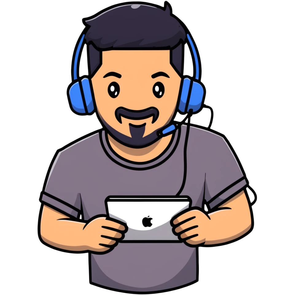 Animated happy man with black hair, brown eyes, black beard, gaming headset emoji