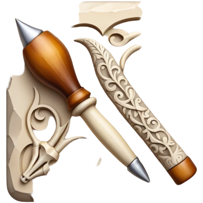 Carving icon, stone, bone, and horn with detailed patterns, carving tools, minimalistic style, clean lines, transparent background. emoji