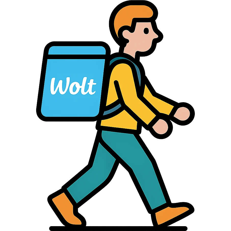 guy walking with a Wolt delivery backpack, simple and clear style emoji