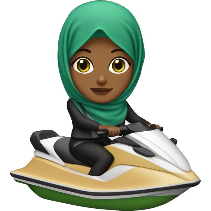 Hijabi on a jetski with a light tan and has green eyes emoji