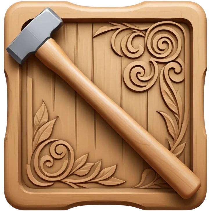 Carving icon, detailed wood or stone carving in progress, carving tools like chisels, mallet, visible texture and patterns, minimalistic style, clean lines, transparent background. emoji