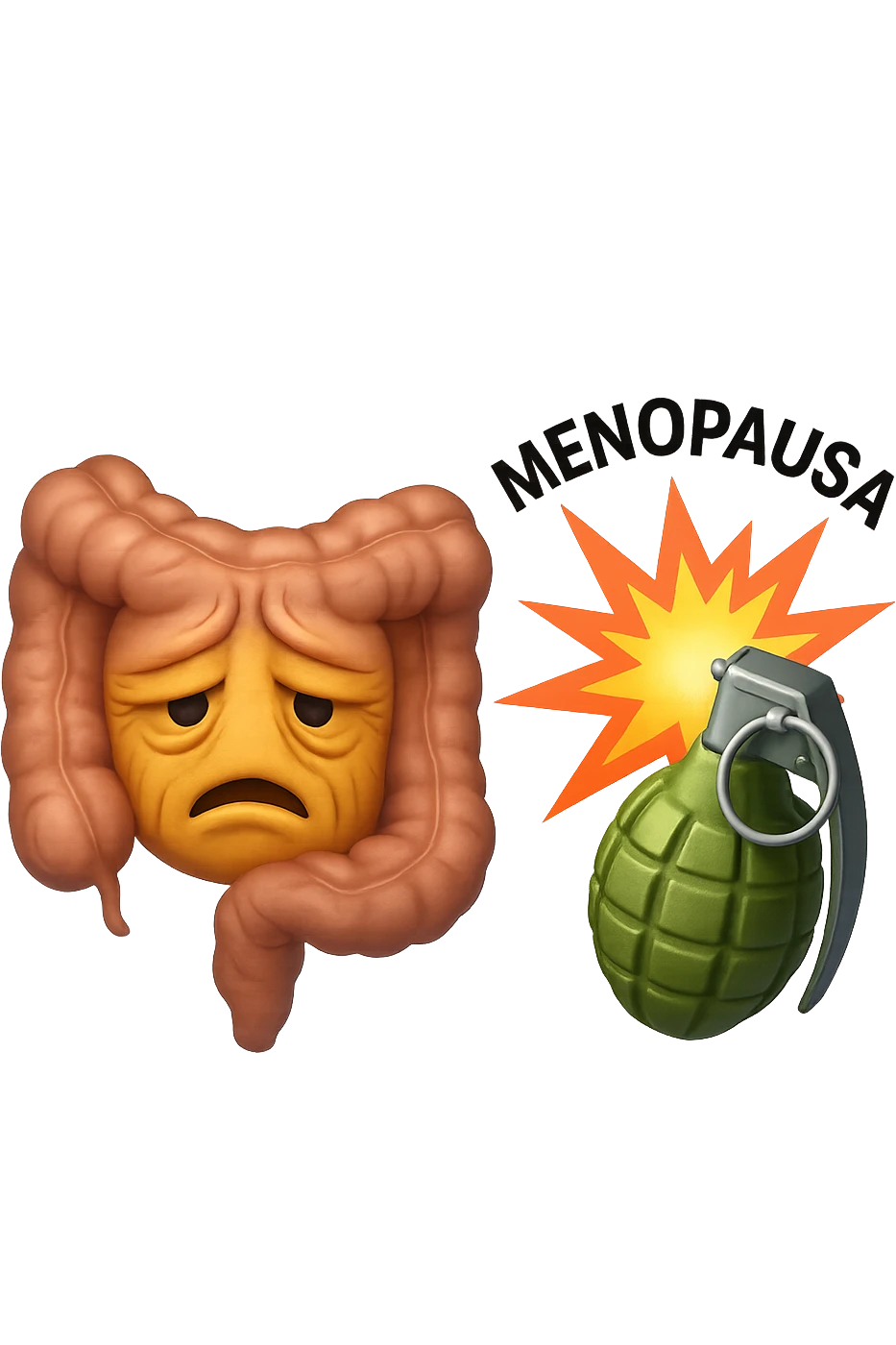 EMOJI STILE IPHONE DI INTESTINO ANZIANO CON RUGHE SFINITO, ACCANTO A LUI SCOPPIA UNA GRANATA 3D CON LA SCRITTA "MENOPAUSA" SOPRA emoji