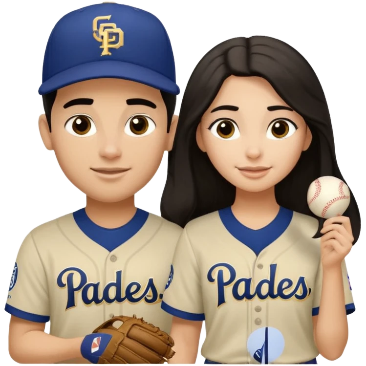 Couple in a game  but light skin. They are girlfriend and boyfriend. Not sibling. Girl has long dark and dimples on the cheeks. The boy has dark hair but shortand prominent eyebrows with egipcian nose. Both are wearing “Los Padres” baseball jerseys and with a sign that says “Go Padres” emoji