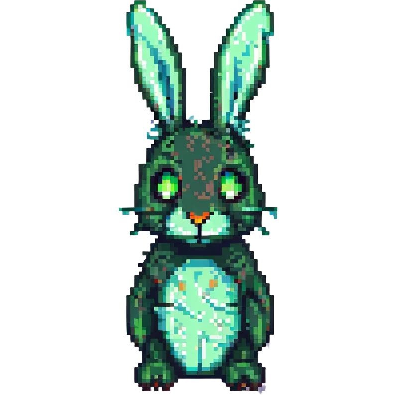 standing pose tattered green animatronic rabbit with glowing eyes, horror vibe, Springtrap, pixel art emoji