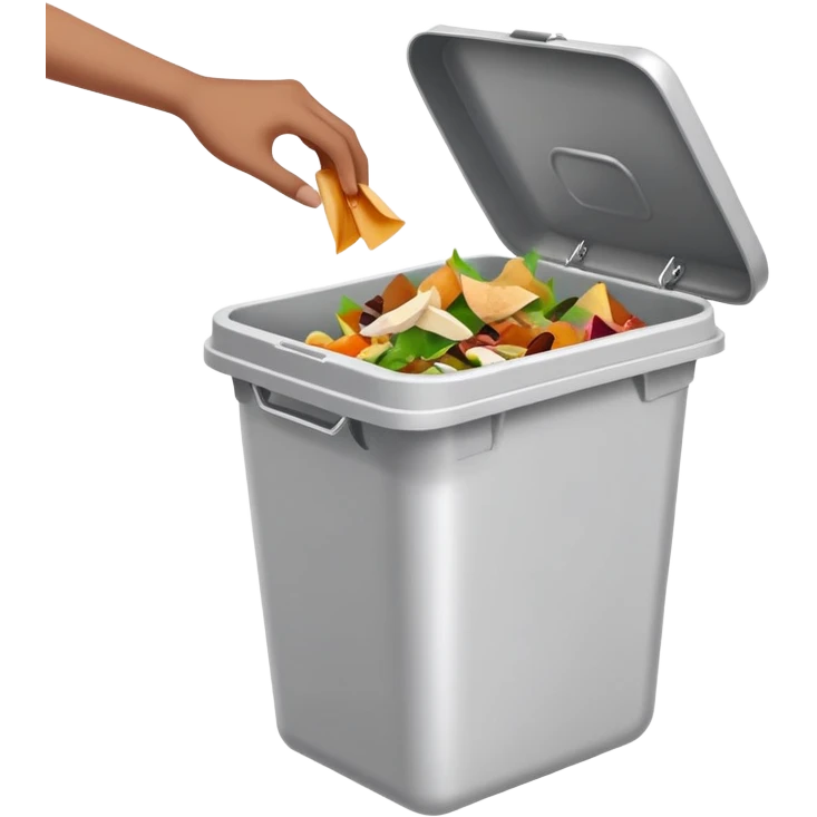 hand dropping food scraps into a trash bin, clean and expressive emoji