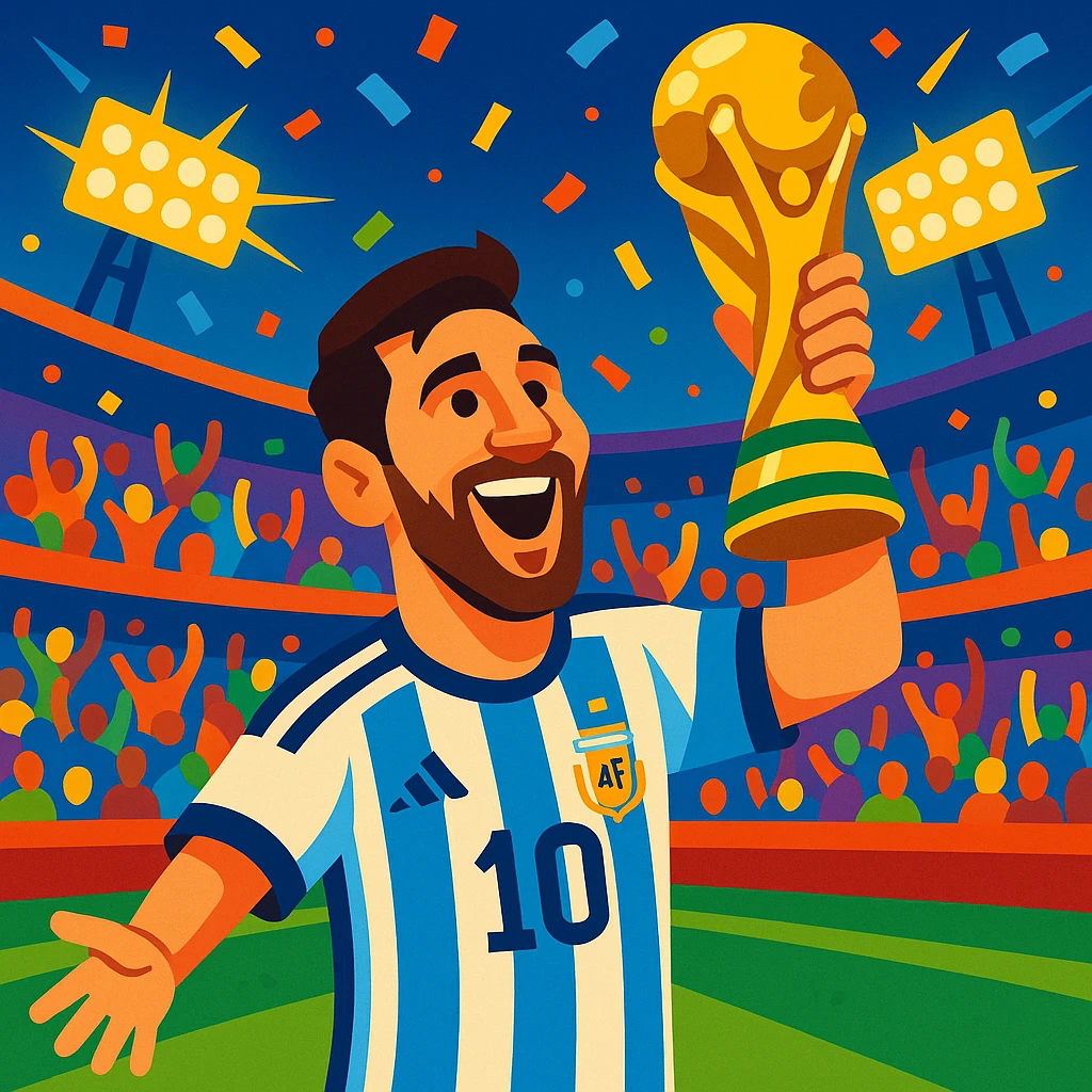 Lionel Messi holding the World Cup trophy, celebrating, in a football stadium, vibrant colors emoji
