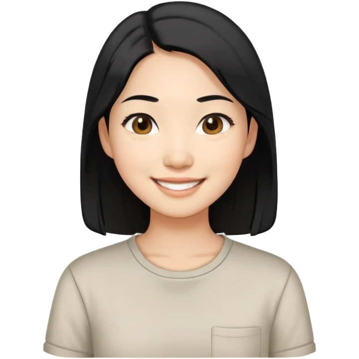 Asian woman with shoulder length black hair smiling casual shirt emoji