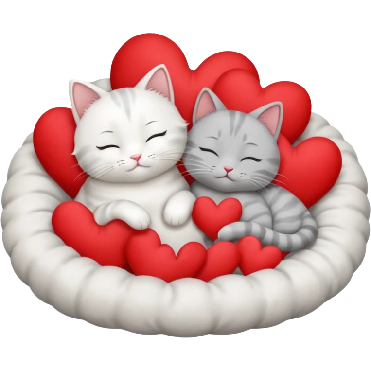White cat and gray cat sleeping together in a bed full of hearts emoji
