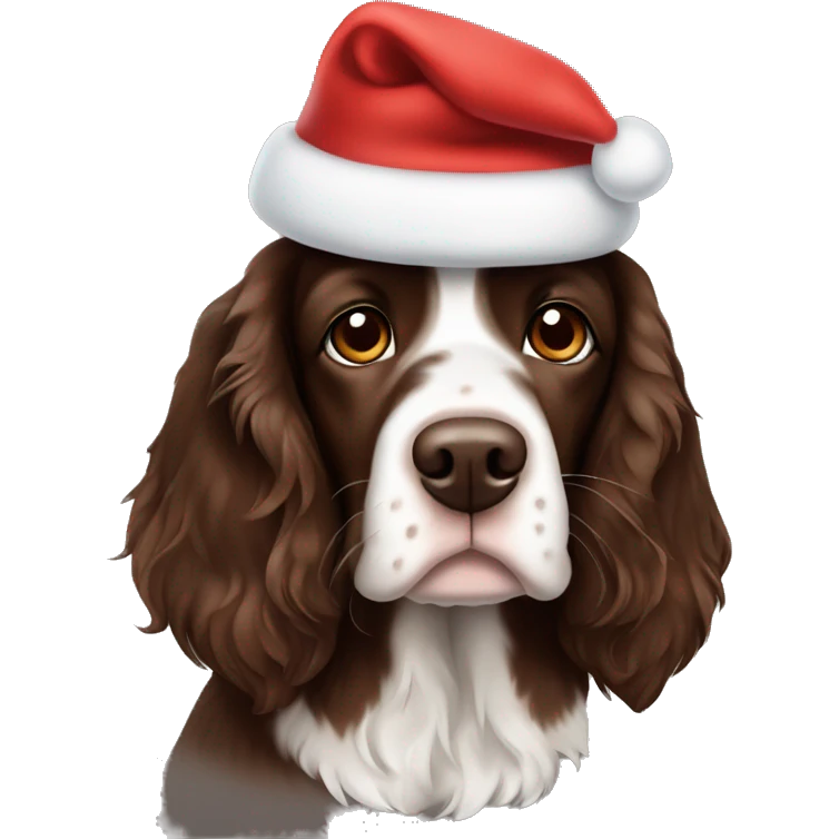 Brown Springer spaniel with a Santa hat emoji