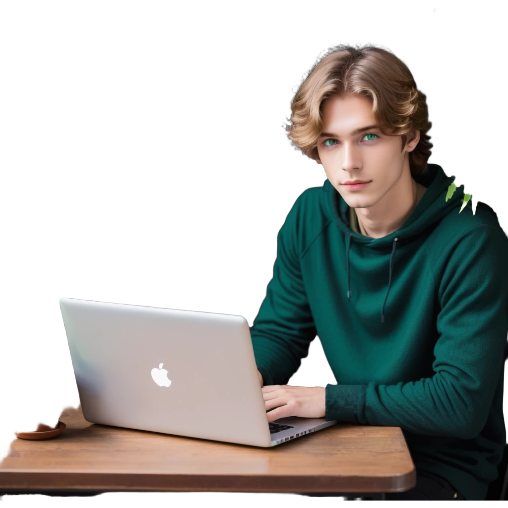 man with light brown hair and green eyes, laptop on table, small plant beside, cozy vibe emoji