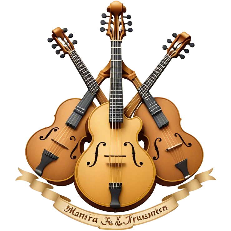 Design a complex, festive, and professional emblem-like emoji representing plucked string instruments. The composition should resemble a heraldic crest, featuring iconic instruments like a banjo, mandolin, domra, and sitar, artistically arranged in a balanced and symmetrical layout. The necks of the instruments should extend upward, intertwining with a flowing ribbon of musical notes, which weaves elegantly around the strings and headstocks. The design should incorporate intricate details, such as carved patterns on the instruments and decorative fretboards, while maintaining clarity and recognizability. Use a rich and celebratory color palette with gold, deep brown, and vibrant accents, adding subtle highlights and shadows for a polished, three-dimensional look. Include ornate elements like laurels, swirls, or subtle engraving to enhance the emblematic feel. The background should be transparent to highlight the composition as a standalone emblem. emoji