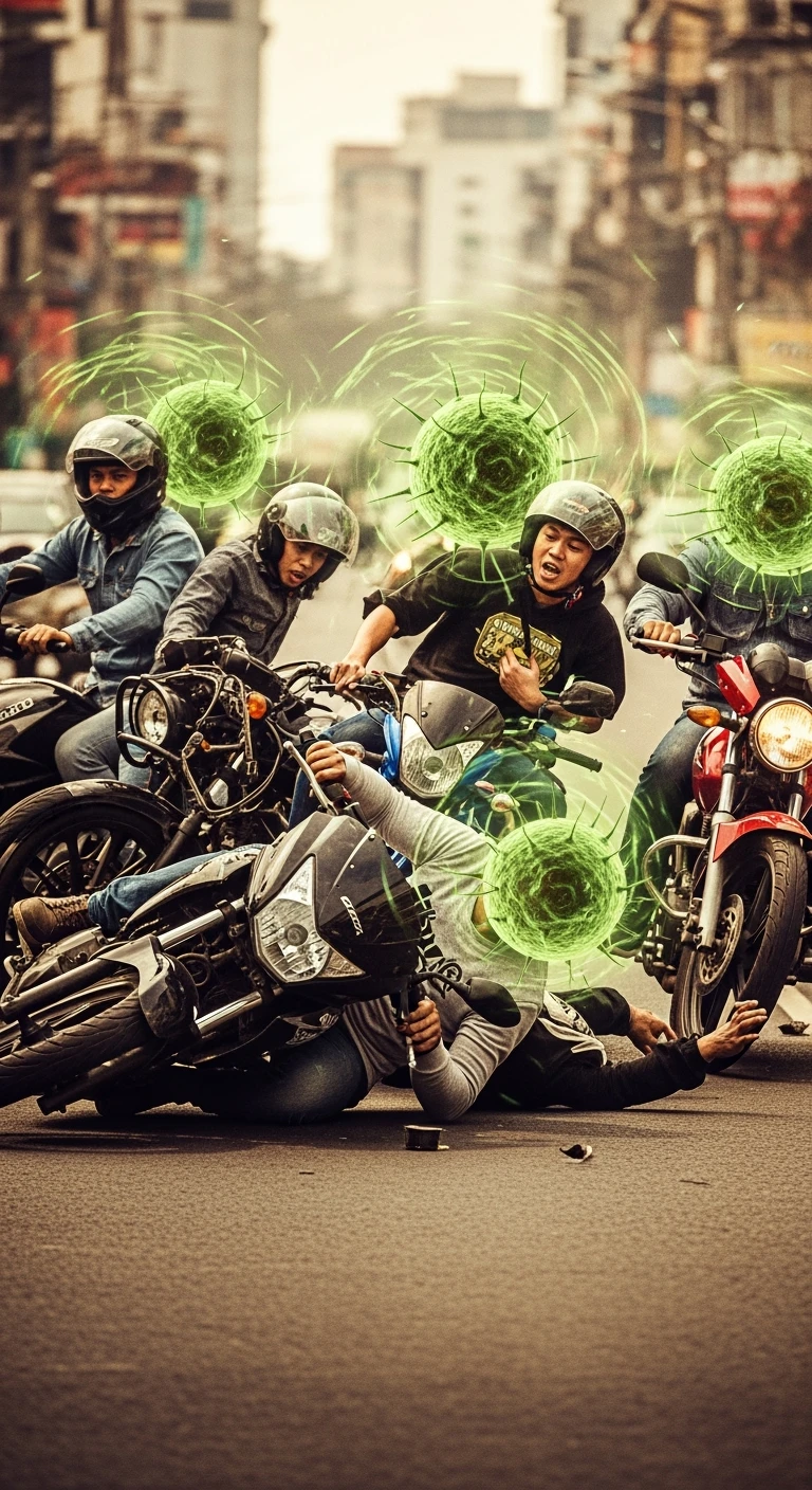 motociclisti spaventati perchè stanno per avere incidente a causa dell'infezione Toxoplasma che altera le loro menti, stanno per cadere alcuni sono caduti. Toxoplasma visibile emoji