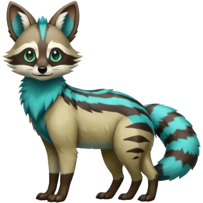 Shiny Khaki-Green Teal-Blue Glossy Silvally-Aardwolf-Tanuki-Genet-Bobcat-fusion-animal-hybrid-creature, full body emoji