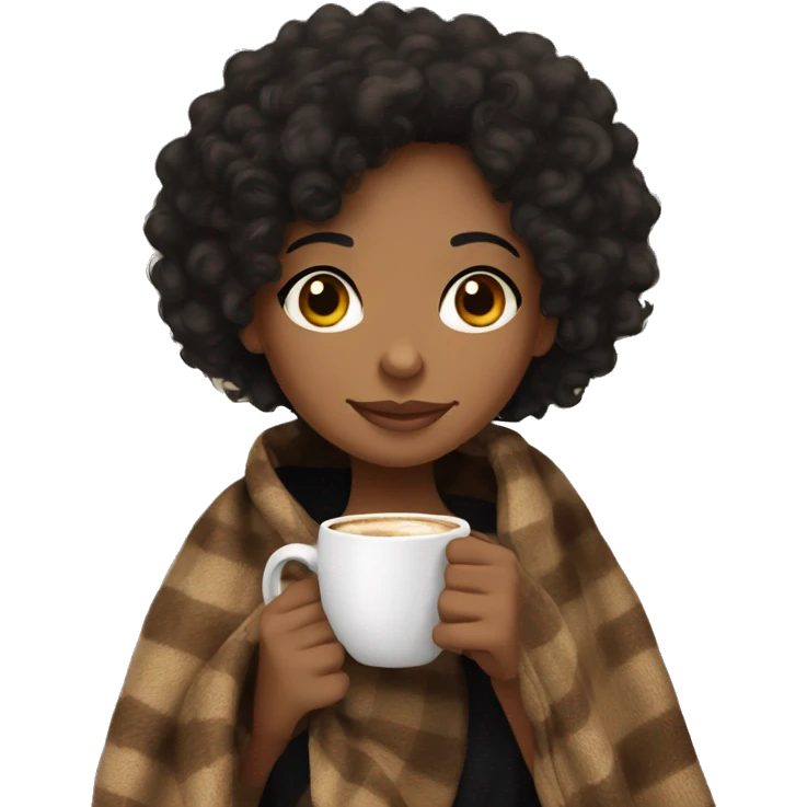 Light brown skin black curly hair Girl drinking coffee, with a cozy blanket emoji
