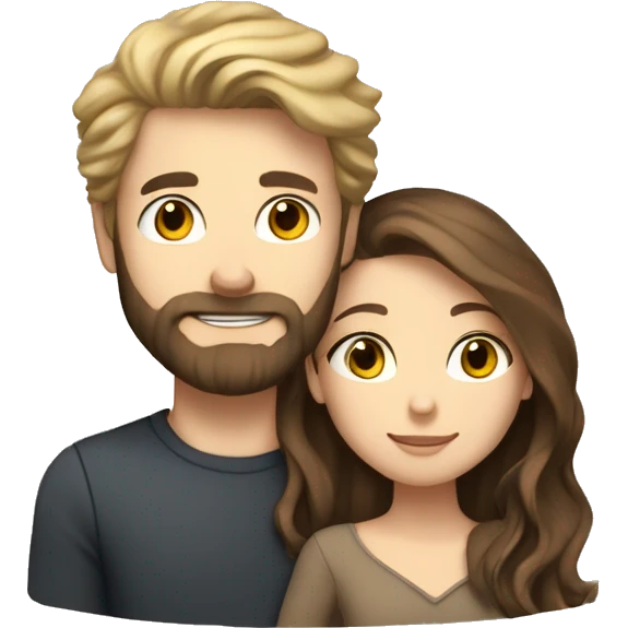 Brunette girl with wavy Long Brown hair hugging blond boy whit a beard an white Skin Color lovingly couple emoji