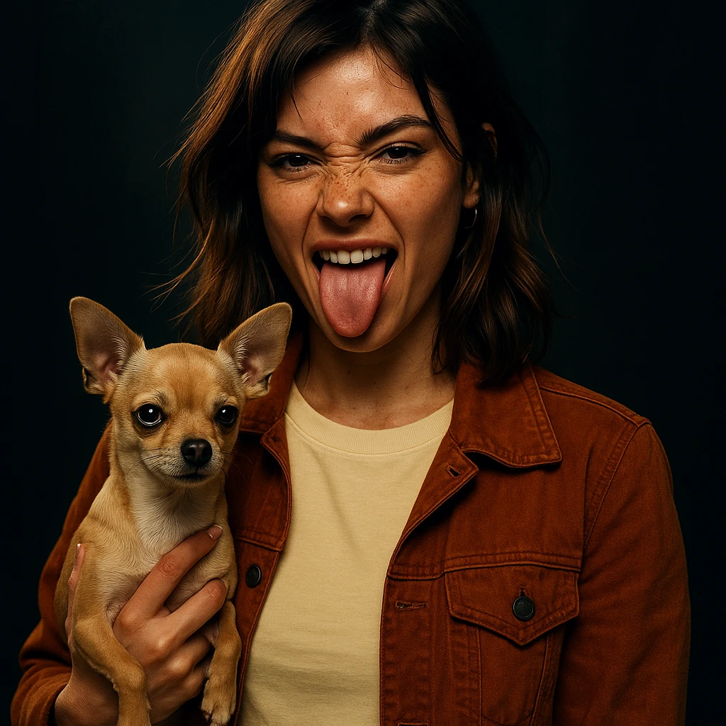 rebellious and playful woman, tanned skin, freckles, shirt color #FFF8CA, rust jacket, medium-length brown auburn hair, holding beige-brown chihuahua, Netflix series style, dark background, modern visual effect emoji