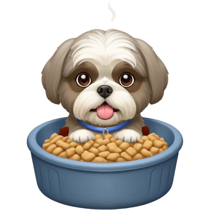 old ALL grey shih tzu in dog bed with bowl of food tongue hanging out emoji