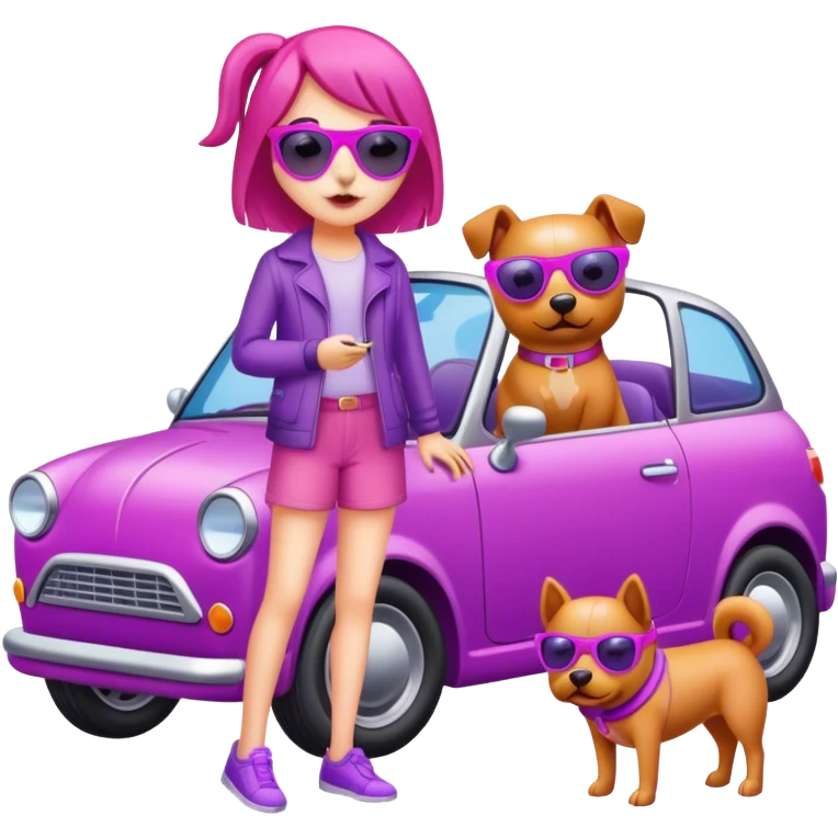 A girl with a pink dog and a purple car with yellow sunglass emoji