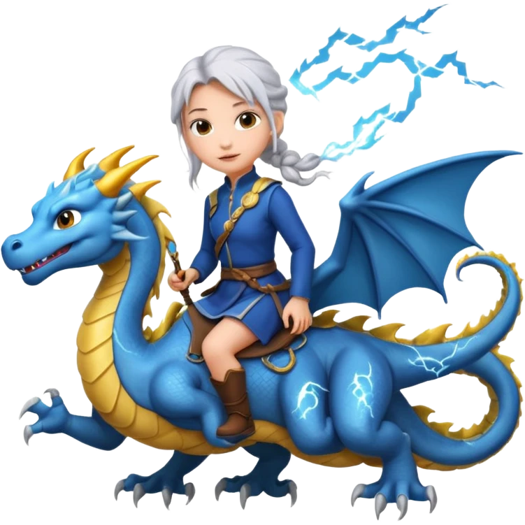 A Girl with silver hair in a braid whose riding a dragon in the sky with lighting around them  emoji