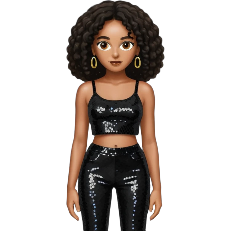 Solange with long dark brown hair, black sequin crop top, black sequin pants emoji