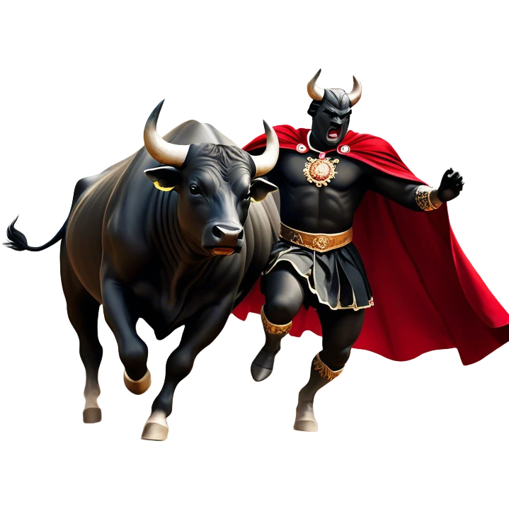 ​Cinematic Realistic black charging bull, against a matador depicted in a flowing red cape, captured in the dramatic moment of confronting a charging bull in a traditional bullring, rendered with dynamic motion and dramatic lighting that encapsulates the intensity and artistry of the spectacle, emoji